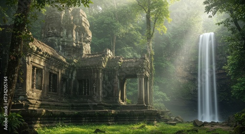 Ancient stone temple, misty waterfall, lush jungle