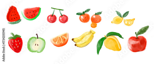 Watercolor illustration of various fresh fruits on a white background.
