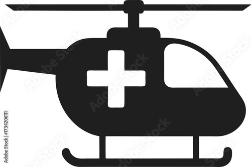 Black silhouette of a medical helicopter with a white cross on its side isolated on white
