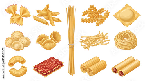 Variety of pasta shapes: farfalle, penne, spaghetti, fusilli, ravioli, orecchiette, conchiglie, macaroni, lasagna, cannelloni.