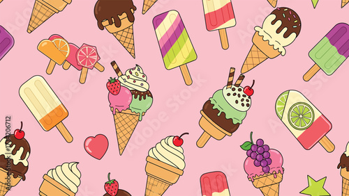 Colorful pattern with ice cream cones and popsicles on a pink background.