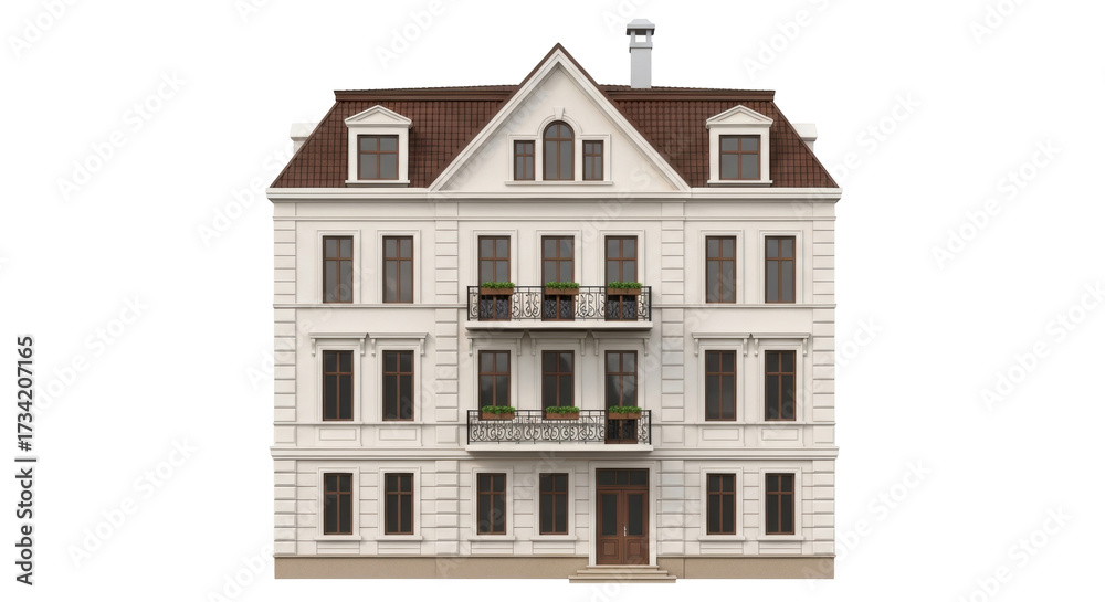 Fototapeta premium Isolated building illustration of a four-story residential house with a brown roof, no people