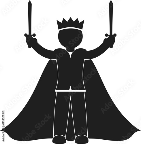 Silhouette of a king with a crown cape and swords raised in victory Royalty