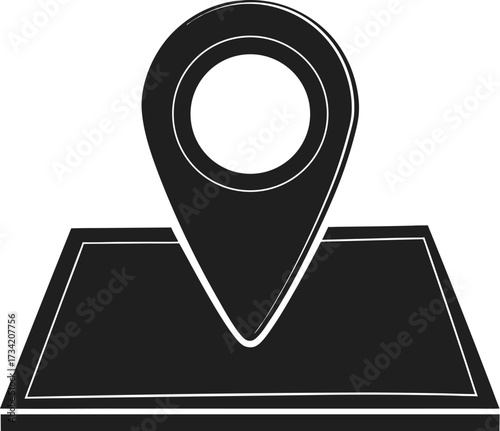 Black map pin icon placed on a map graphic with a white background location icon