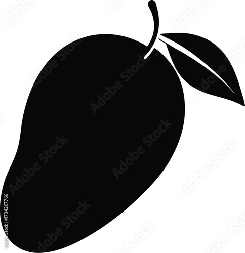Black silhouette of a ripe mango with stem and leaf on a white background