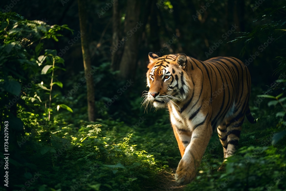 Obraz premium Bengal Tiger in Forest – Majestic Predator Walking Through Lush Green Habitat, Nature, Conceptual, Abstract, Wildlife, Conservation, Landscape