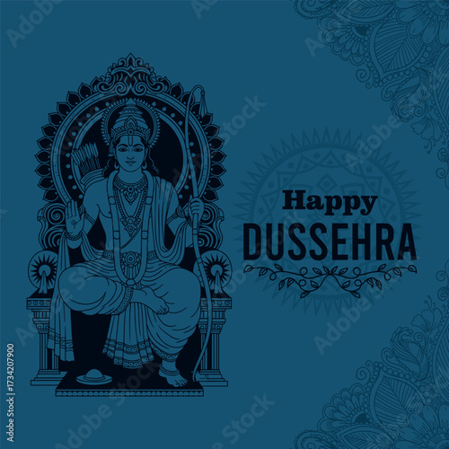 Elegant blue and black illustration of Lord Rama seated on a stylized throne, holding his bow and quiver. Features intricate floral and mandala patterns. Happy Dussehra.