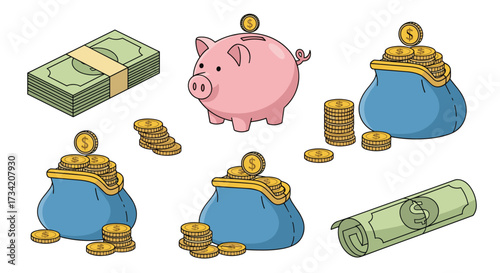 Collection of illustrated money and saving symbols representing financial concepts.