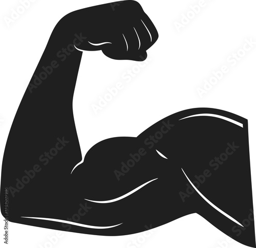 Black silhouette of a flexed bicep arm with visible muscle definition against a white background