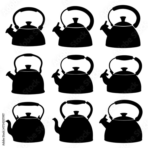Collection of nine black silhouette teapots with handles and spouts on white background