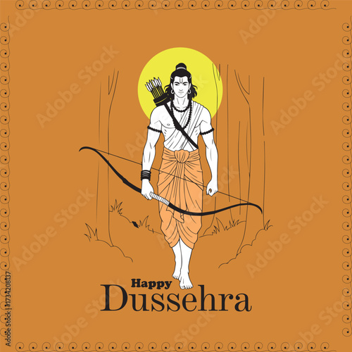 Lord Rama walking through a jungle setting, carrying his bow and quiver. Features a yellow sun/halo and traditional decorative border on an orange background. Happy Dussehra.