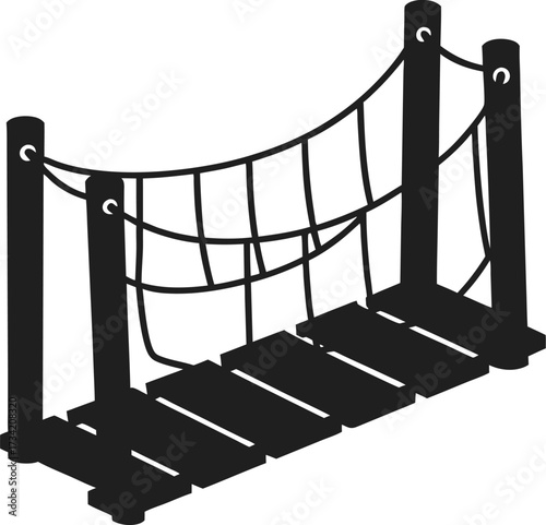 Black silhouette of a rope bridge with wooden planks and posts against a white background