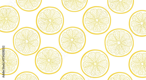 A bright and cheerful seamless pattern featuring stylized yellow lemon slices arranged in a repeating background design.