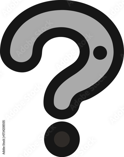 A stylized gray question mark with a black outline and a small dot within its curve
