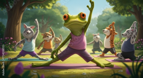 Animals practicing yoga in park
