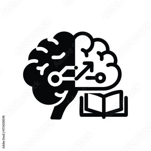 Conceptual representation of knowledge growth and cognitive development with a brain, upward arrow, and open book symbols