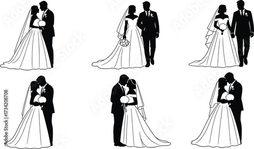 Romantic wedding couple silhouette, bride and groom holding hands, romantic kiss, elegant dress, bridal veil, love, marriage celebration, happiness, romance