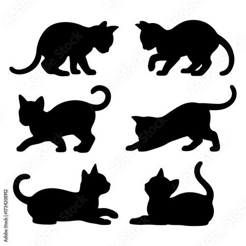 Six black silhouette cats in various playful and resting poses on a white background animal