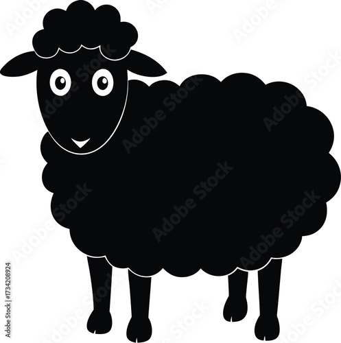 A black sheep illustration with a fluffy wool texture and white eyes against a white background