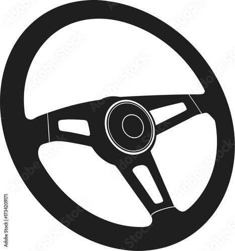 Black steering wheel icon with three spokes and a central circular emblem isolated on a white background
