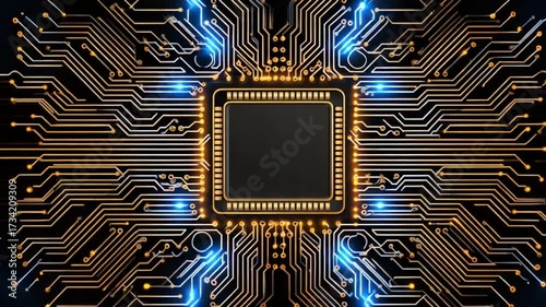 A striking close-up of a computer chip surrounded by intricate circuit patterns and glowing blue lights. This image captures the essence of modern technology and innovation.