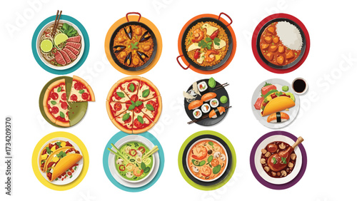 Top-down view of a diverse collection of international dishes and cuisines from around the world.