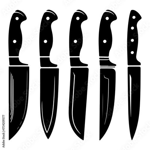 Five black kitchen knife silhouettes with detailed handles on white background cooking