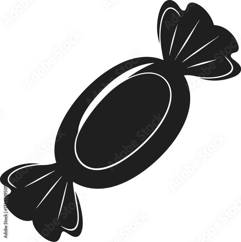 Simple black silhouette of a single candy wrapped in foil food sweet confection