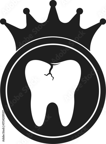 Black and white illustration of a cracked tooth inside a circular frame topped with a crown