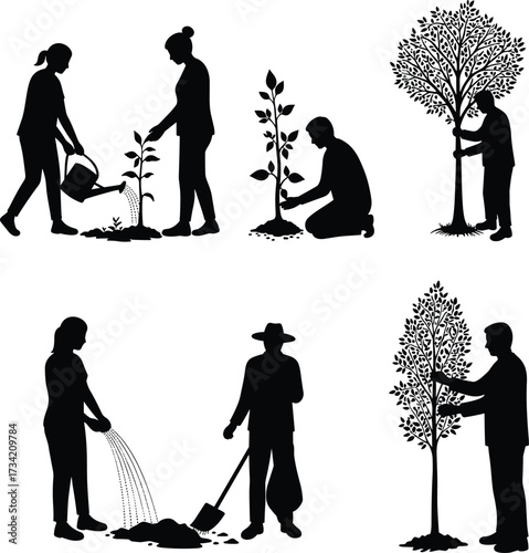 Tree planting silhouettes, people gardening, watering plants, nature care, environmental conservation, outdoor activity, sustainable growth