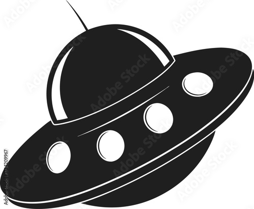 Black silhouette of a flying saucer with glowing lights isolated on a white background