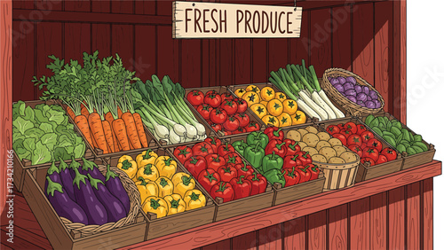 An illustration of a vibrant farmers market stand overflowing with fresh, colorful vegetables in wooden crates.