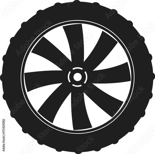 A black and white graphic illustration of a car tire with a segmented wheel