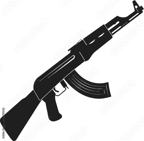 Black silhouette of an assault rifle with a curved magazine on a white background
