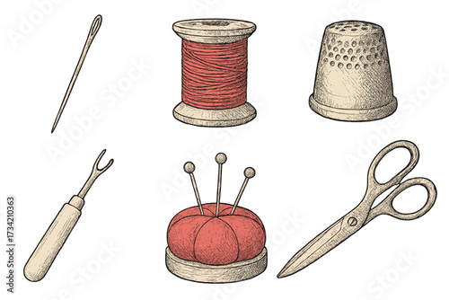 Assortment of essential sewing tools including needle, thread, thimble, seam ripper, pincushion, and scissors