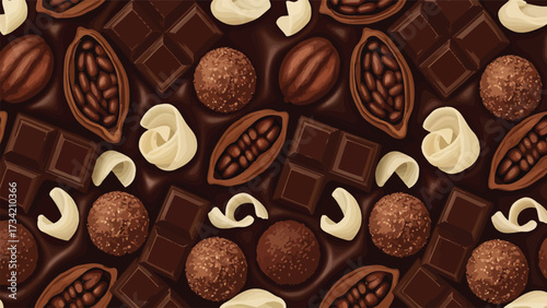 A decadent flat lay pattern of assorted chocolates, including truffles, cocoa pods, beans, and white chocolate shavings.