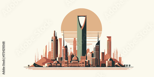 A stylized illustration of a modern city skyline at Saudi Arabia, featuring sunset , tall buildings and a prominent central tower