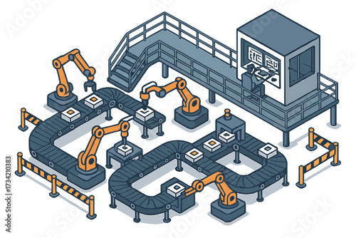 Automated factory production line with robotic arms, conveyor belts, and a control room operator overseeing the industrial process