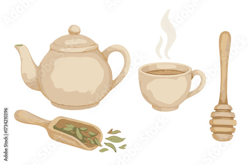 Traditional tea ceremony elements featuring a classic teapot, steaming cup, wooden honey dipper, and fresh loose tea leaves