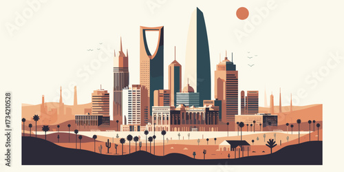 Urban Skyline Illustration of Saudi Arabia a Modern City with Palm Trees and a Warm Sunset Haze