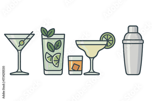 Classic cocktails assortment: martini, mojito, margarita, whiskey, and shaker on white background