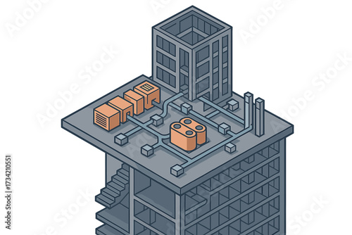 Isometric view of a building rooftop with complex industrial infrastructure and interconnected piping system
