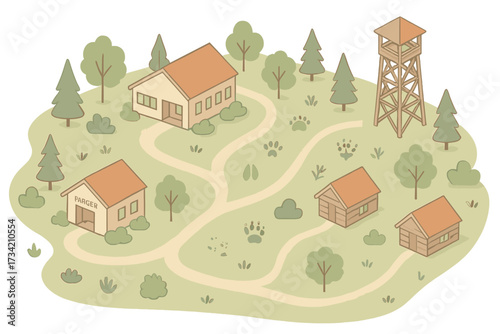 Detailed nature park map featuring a ranger station, multiple cabins, a prominent lookout tower, winding paths, and various animal tracks scattered across the landscape