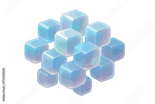 Abstract geometric composition of translucent rounded cubes with soft gradient colors forming a dynamic structure