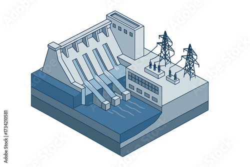 Isometric view of a hydroelectric power plant with a large dam, water flow, and electricity transmission towers for renewable energy generation