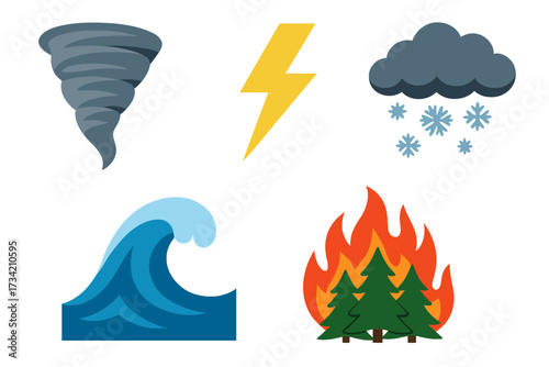 Natural disaster and severe weather event symbols: tornado, lightning, snowstorm, ocean wave, forest fire