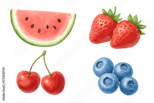 Assortment of fresh summer fruits featuring a juicy watermelon slice, ripe strawberries, sweet cherries, and plump blueberries