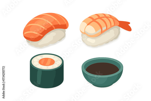 Delicious fresh salmon and shrimp nigiri with a sushi roll and dipping sauce for Japanese cuisine
