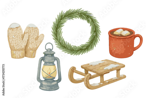 Cozy winter holiday elements set with warm mittens, festive wreath, hot chocolate, vintage lantern, and wooden sled
