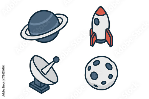 Diverse set of celestial bodies and space travel elements featuring a ringed planet, rocket, satellite dish, and moon